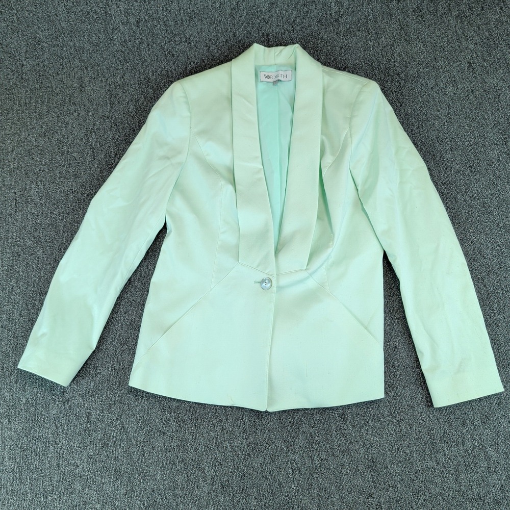 Worth Womens Blazer 12 Silk Blend Mint Green Shawl Collar Single Button Tailored